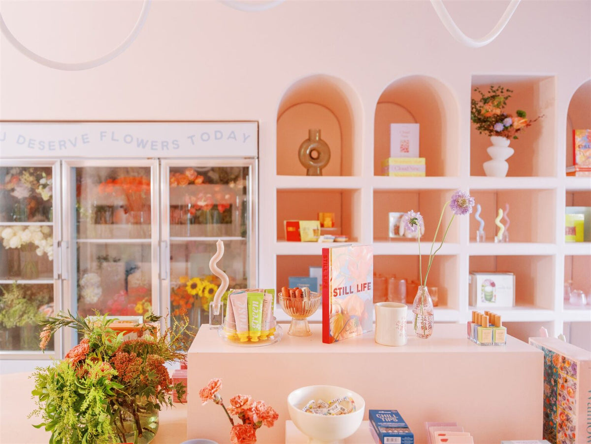 Fresh flower cooler and gift shelves at JJ's Flower Shop in Dunwoody